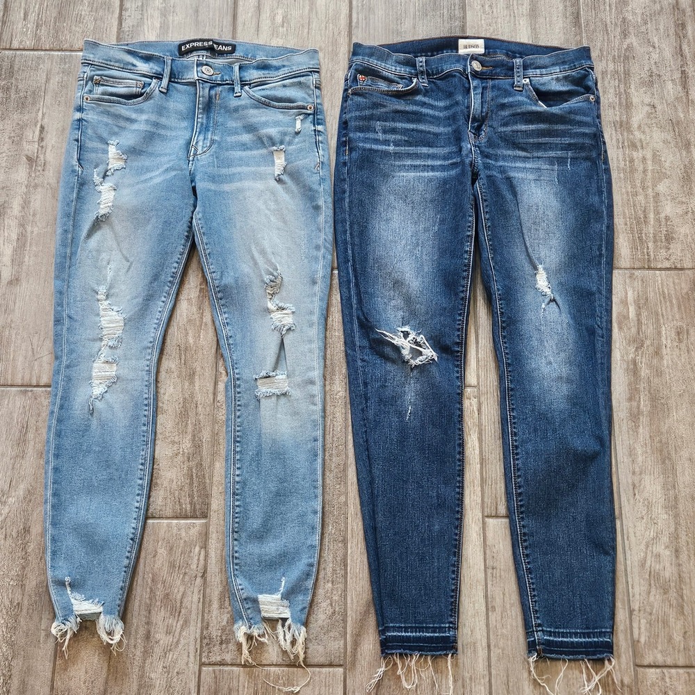 Express Hudson Distressed Skinny Jeans Size 28 6 Lot of 2 Mid Rise Raw Hem Fray